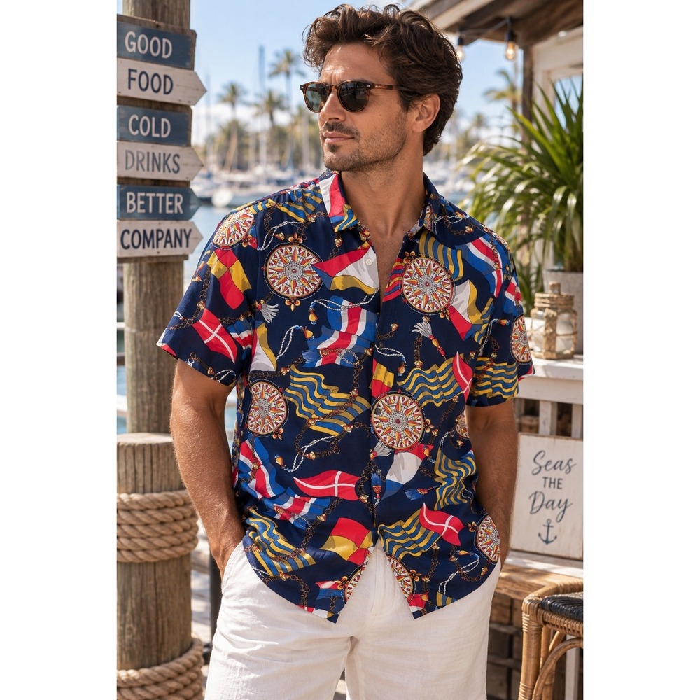 Cactus Man Ricky Singh Nautical Maritime Flag Compass‎ Print Button Down Shirt